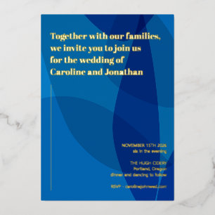 Modern Creative Boho Abstract Blue Wedding Gold Foil Invitation