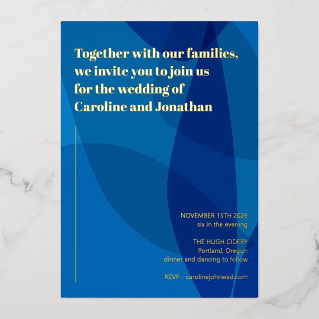 Modern Creative Boho Abstract Blue Wedding Gold Foil Invitation (Front)