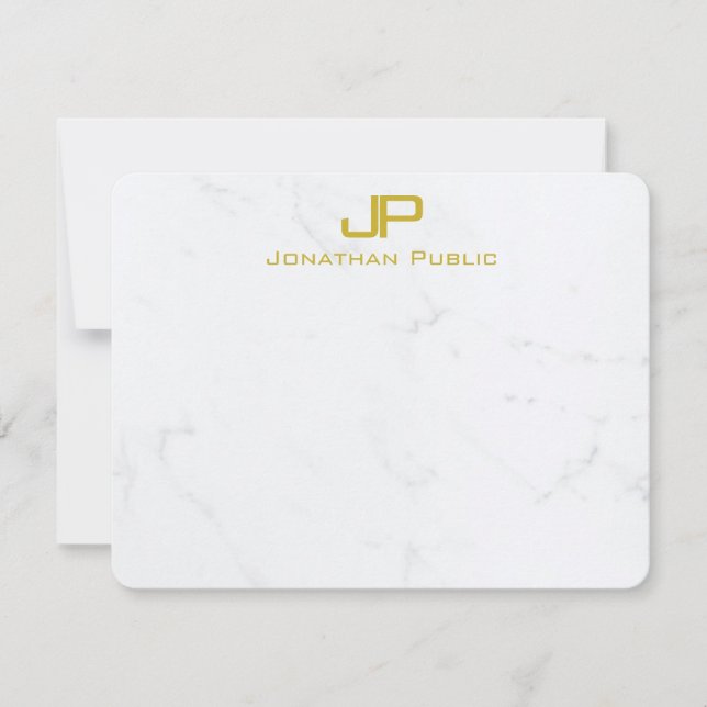 Modern Creative Monogram Gold White Marble Trendy Note Card (Front)