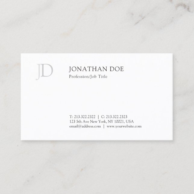 Modern Creative Monogram White Simple Template Business Card (Front)
