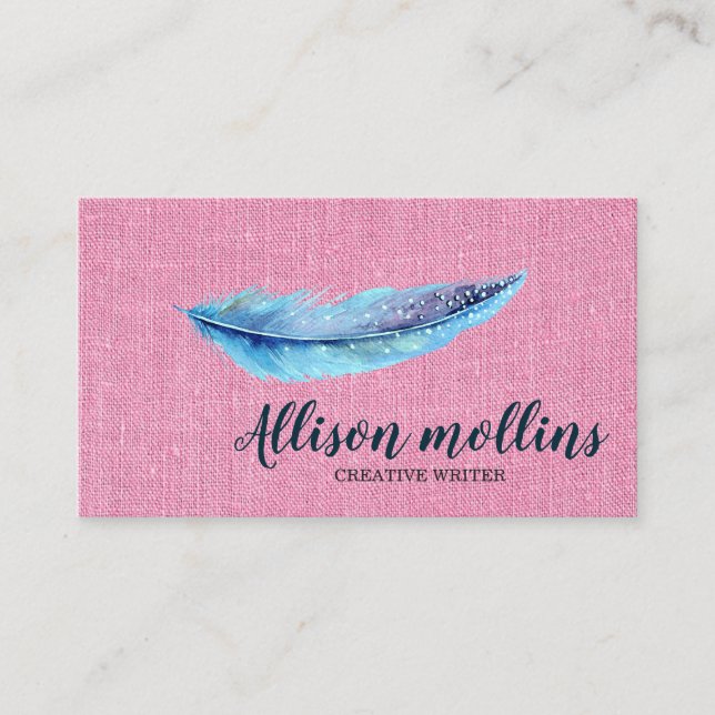 Modern Creative Writer Feather Logo Business Card (Front)