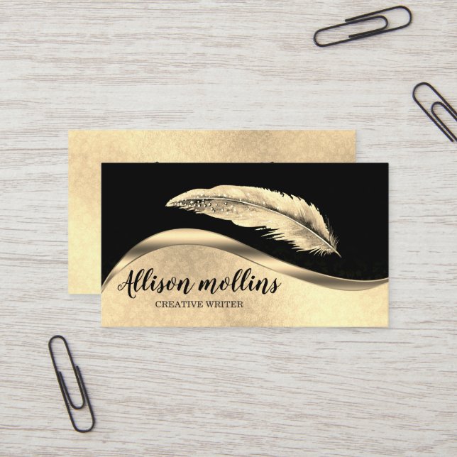 Modern Creative Writer Feather Logo Business Card (Front/Back In Situ)