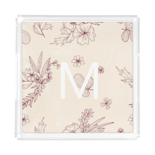 Modern Creme Floral Monogram Acrylic Tray