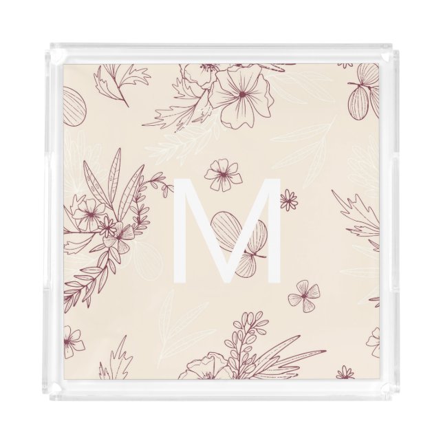 Modern Creme Floral Monogram Acrylic Tray (Front)