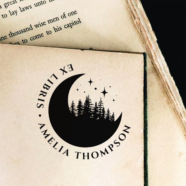 Modern Crescent Moon Trees & Stars Round Ex Libris Rubber Stamp (Creator Uploaded)