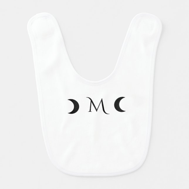 Modern Crescent Moons Black and White Monogram Baby Bib (Front)