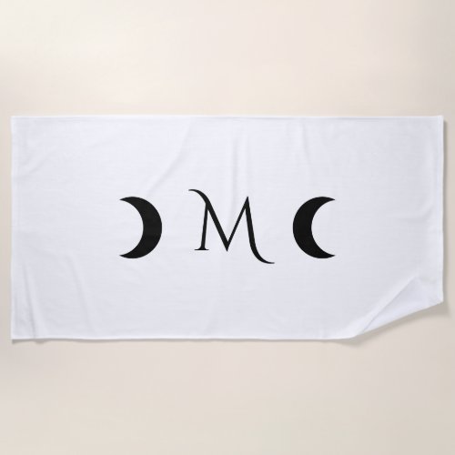 Modern Crescent Moons Black and White Monogram Beach Towel