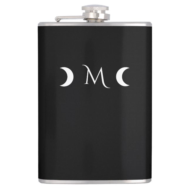 Modern Crescent Moons Black and White Monogram Flask (Front)