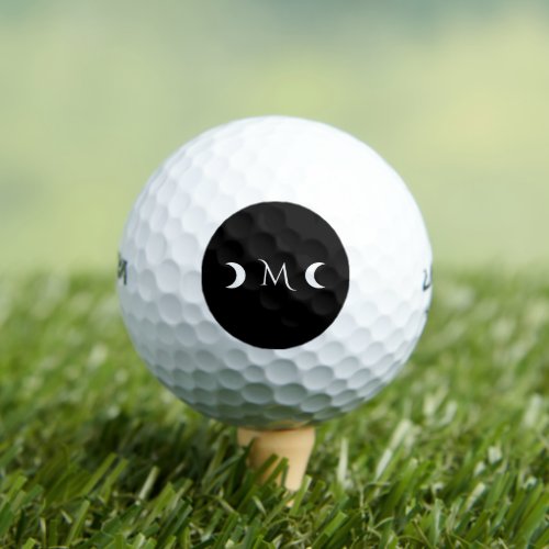 Modern Crescent Moons Black and White Monogram Golf Balls