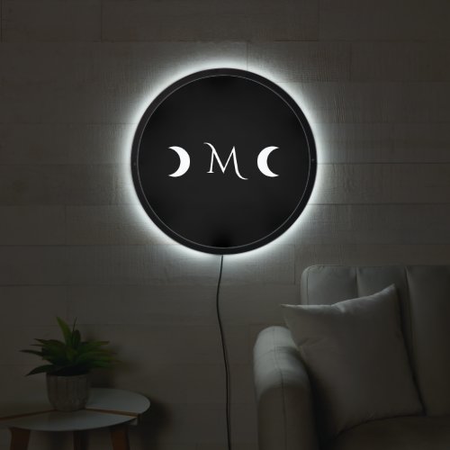Modern Crescent Moons Black and White Monogram LED Sign