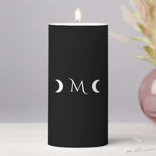Modern Crescent Moons Black and White Monogram Pillar Candle