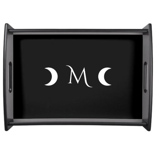 Modern Crescent Moons Black and White Monogram Serving Tray