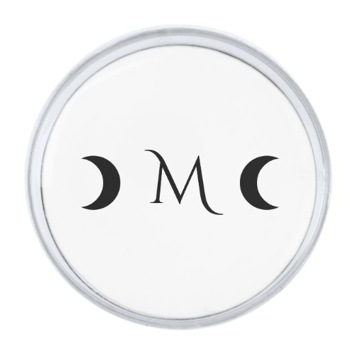 Modern Crescent Moons Black and White Monogram Silver Finish Lapel Pin