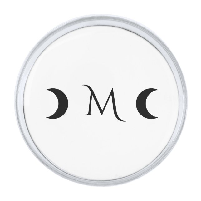Modern Crescent Moons Black and White Monogram Silver Finish Lapel Pin (Front)