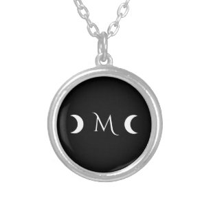 Modern Crescent Moons Black and White Monogram Silver Plated Necklace