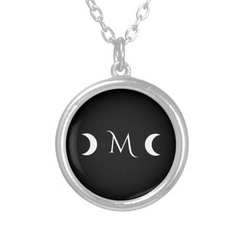 Modern Crescent Moons Black and White Monogram Silver Plated Necklace