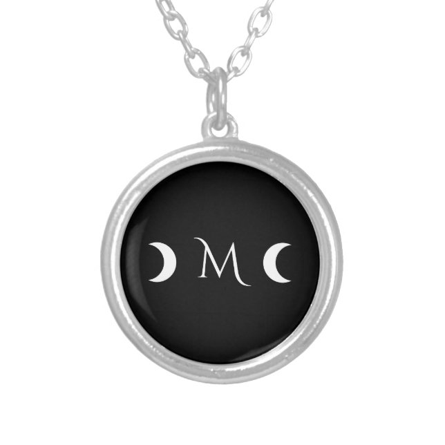 Modern Crescent Moons Black and White Monogram Silver Plated Necklace (Front)