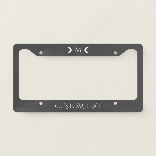 Modern Crescent Moons Dark Gray and White Monogram License Plate Frame (Front)