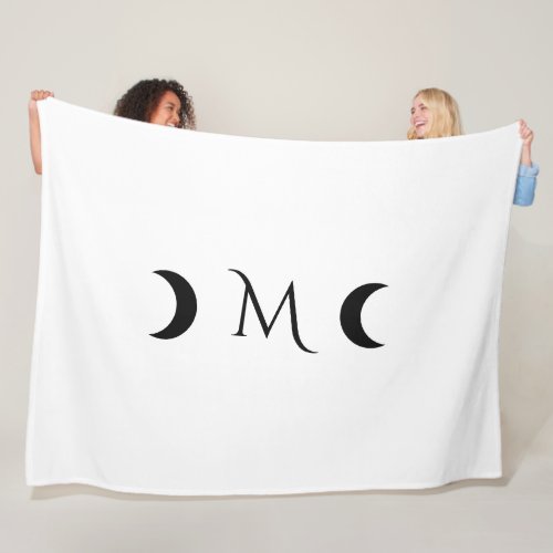 Modern Crescent Moons White and Black Monogram Fleece Blanket