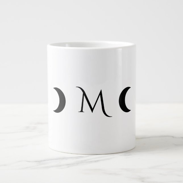 Modern Crescent Moons White and Black Monogram Giant Coffee Mug (Front)