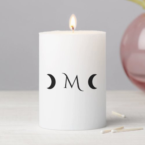 Modern Crescent Moons White and Black Monogram Pillar Candle