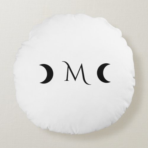 Modern Crescent Moons White and Black Monogram Round Pillow
