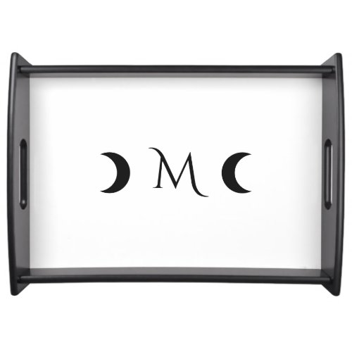 Modern Crescent Moons White and Black Monogram Serving Tray