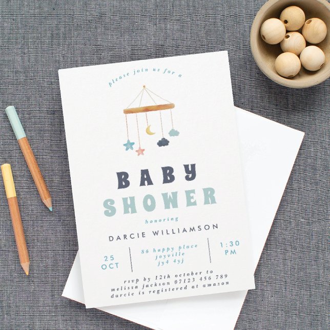 Modern Crib Mobile Blue Baby Shower Invitation (Creator Uploaded)