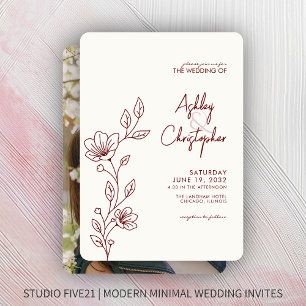 Modern Crimson Red Foliage Outline Photo Wedding Invitation