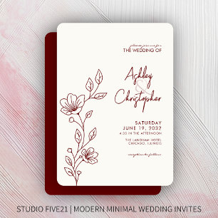 Modern Crimson Red Foliage Outline Wedding Invitation