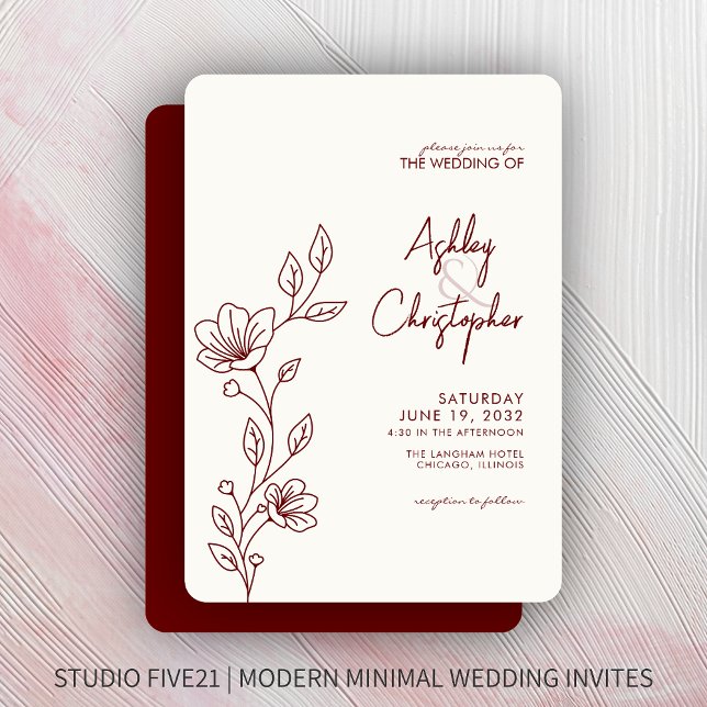 Modern Crimson Red Foliage Outline Wedding Invitation (Creator Uploaded)