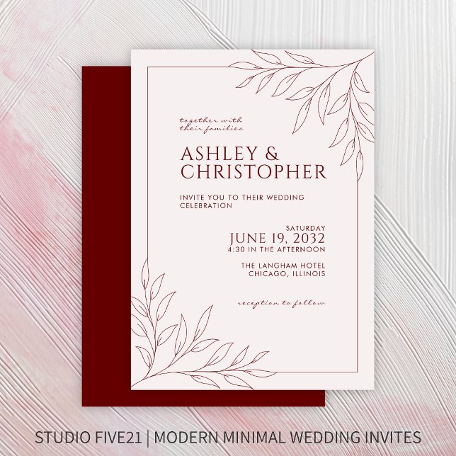 Modern Crimson Red Foliage Outline Wedding Invitation (Creator Uploaded)
