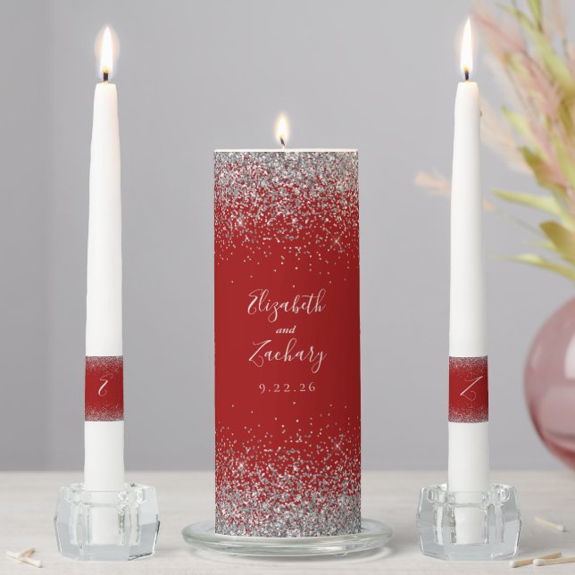 Modern Crimson Red Silver Faux Glitter Edge Unity Candle Set (In Situ)