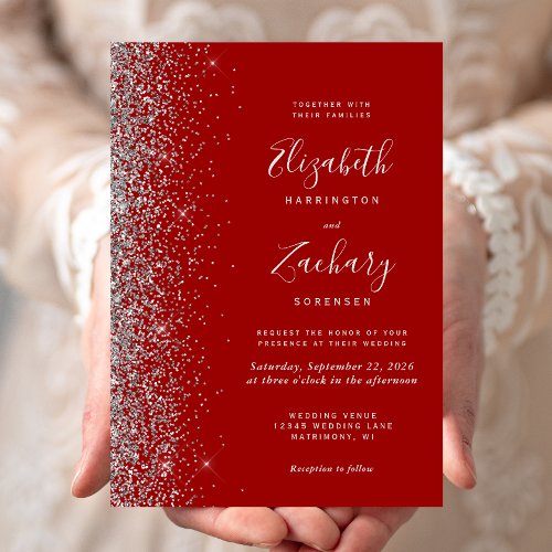 Modern Crimson Red Silver Glitter Edge Wedding Invitation