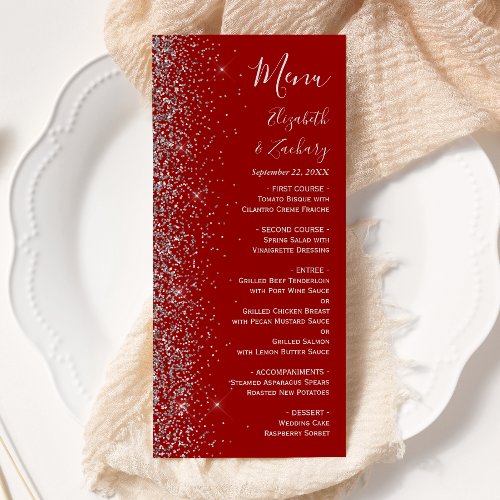 Modern Crimson Red Silver Glitter Edge Wedding Menu