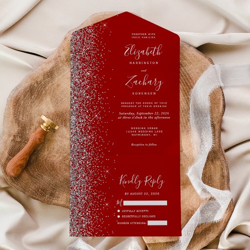 Modern Crimson Red Silver Glitter Wedding All In One Invitation