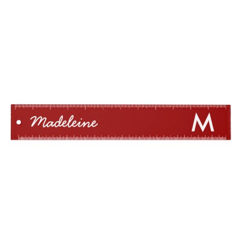 Modern Crimson Red White Monogram Script Name Ruler