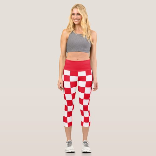 Modern Croatian Geometric Red Checkered Capri Leggings