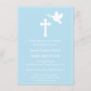 Modern Cross and Dove Blue Baptism Invitations