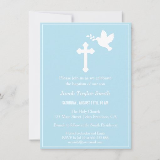 Modern Cross And Dove Blue Baptism Invitations 