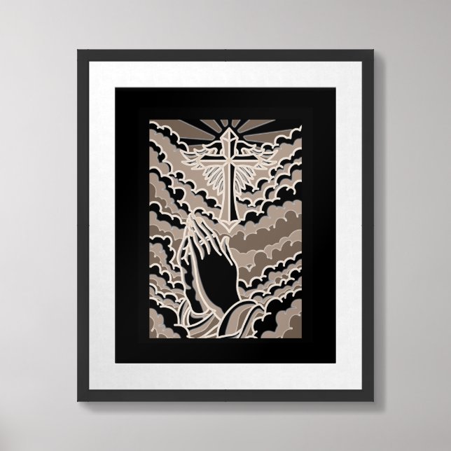 Modern Cross and Praying Hands Print (Framed Front)