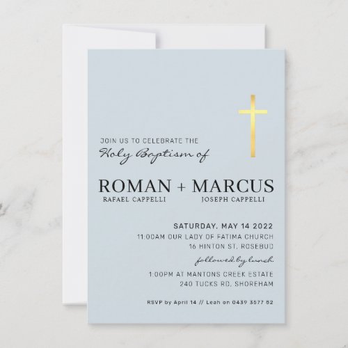 MODERN CROSS baptism minimal baby blue gold foil I Invitation