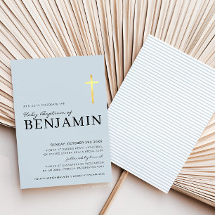MODERN CROSS baptism minimal baby blue gold foil Invitation