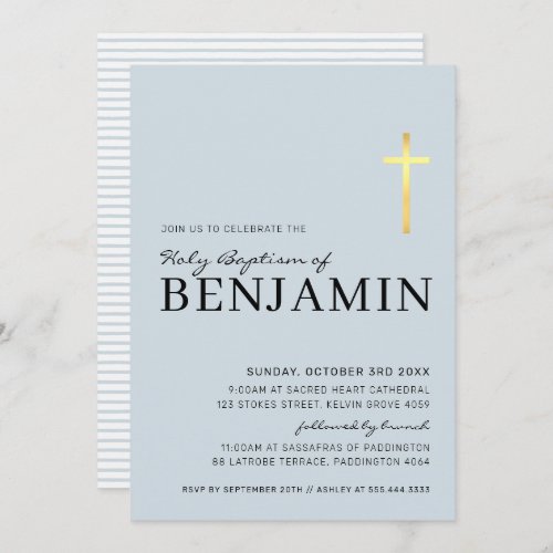 MODERN CROSS baptism minimal baby blue gold foil Invitation