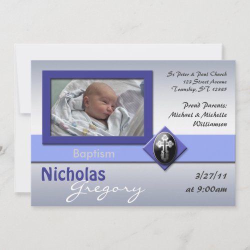 Modern Cross Blue Baptism Invitations