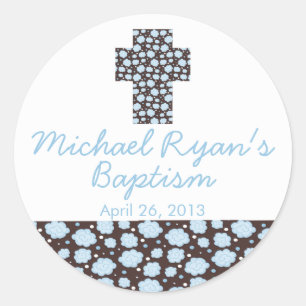 Modern Cross Blue Brown Floral Baptism Favor Seal