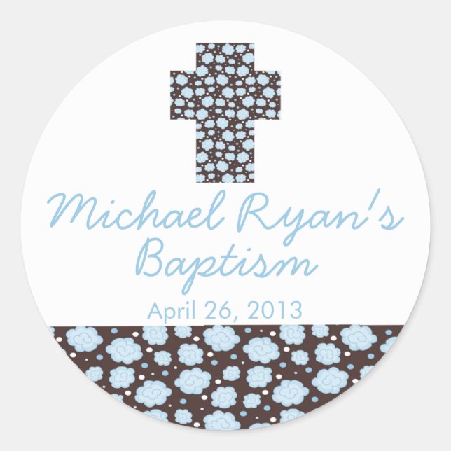 Modern Cross Blue Brown Floral Baptism Favor Seal (Front)
