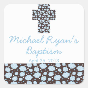 Modern Cross Blue Brown Floral Baptism Favor Seal
