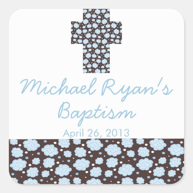 Modern Cross Blue Brown Floral Baptism Favor Seal (Front)