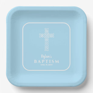 Modern Cross Blue Communion Baptism Christening Paper Plates